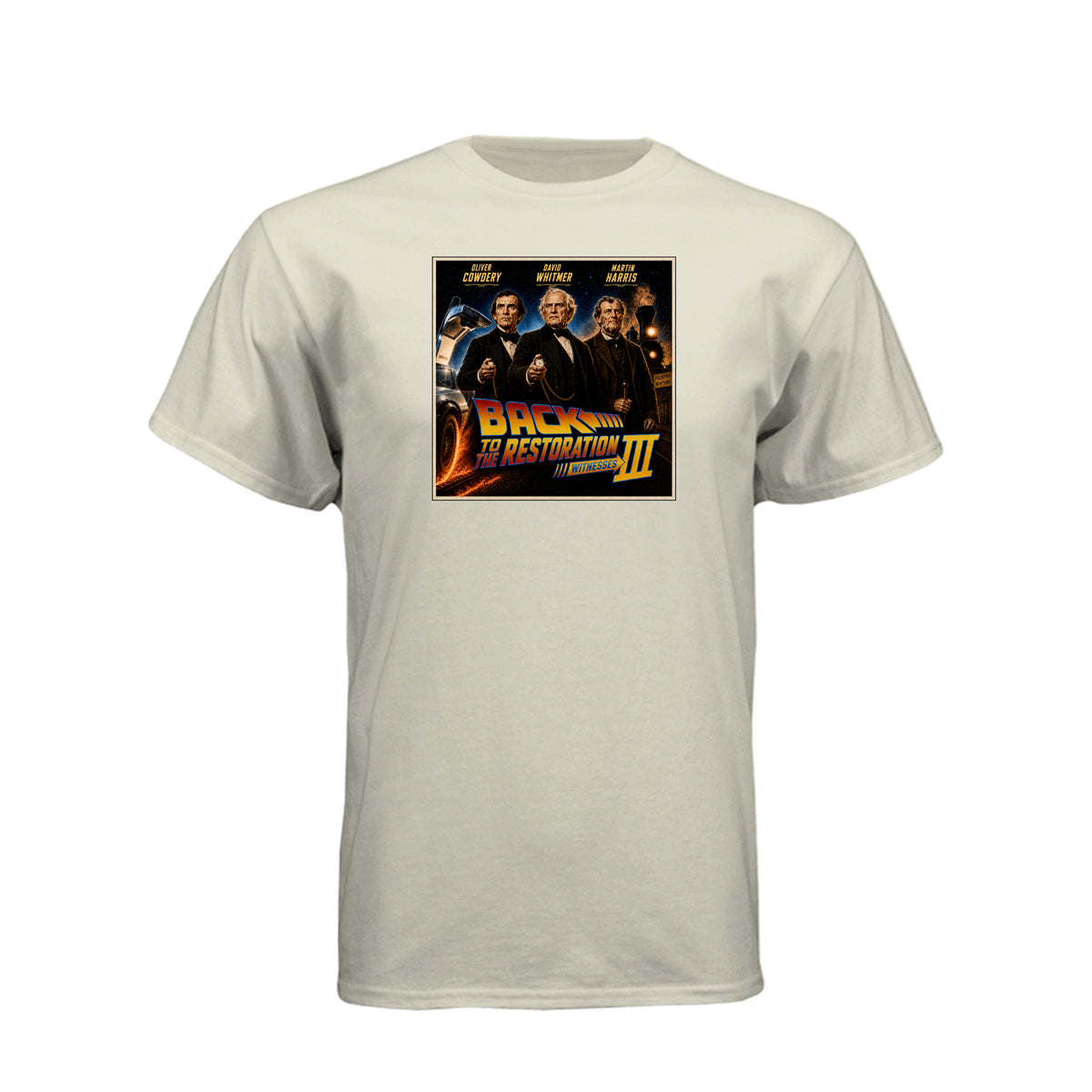 Three Witnesses LDS t-shirt design featuring Book of Mormon restoration history and the testimony of three witnesses - product view 9