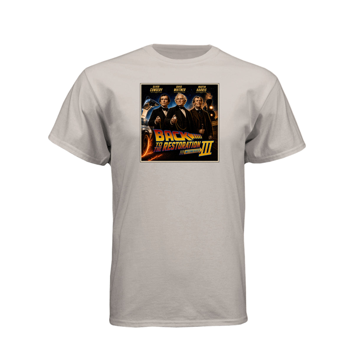 Three Witnesses LDS t-shirt design featuring Book of Mormon restoration history and the testimony of three witnesses - product view 10
