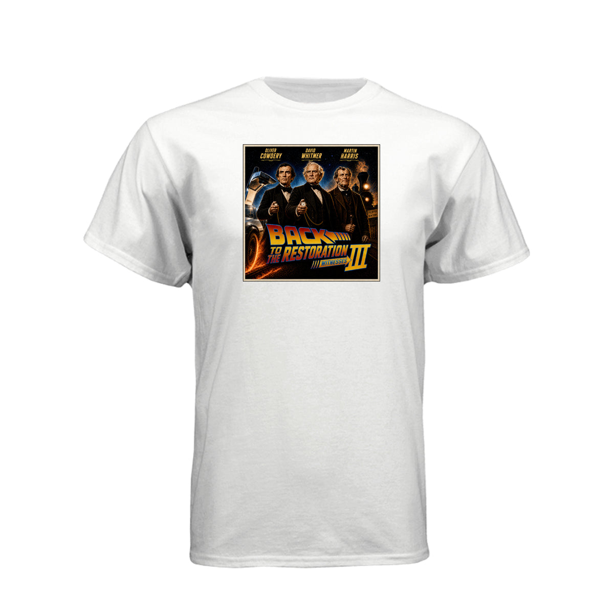 Three Witnesses LDS t-shirt design featuring Book of Mormon restoration history and the testimony of three witnesses
