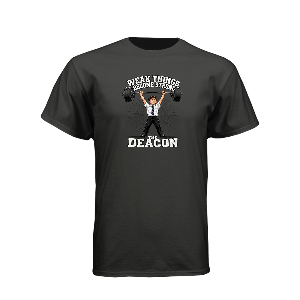Deacon Weak Thing Becomes Strong LDS t-shirt featuring Ether 12:27 scripture and priesthood theme - product view 2