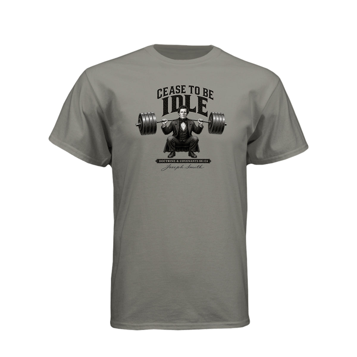 Joseph Smith Cease To Be Idle LDS t-shirt featuring prophet and Doctrine and Covenants teaching - product view 2