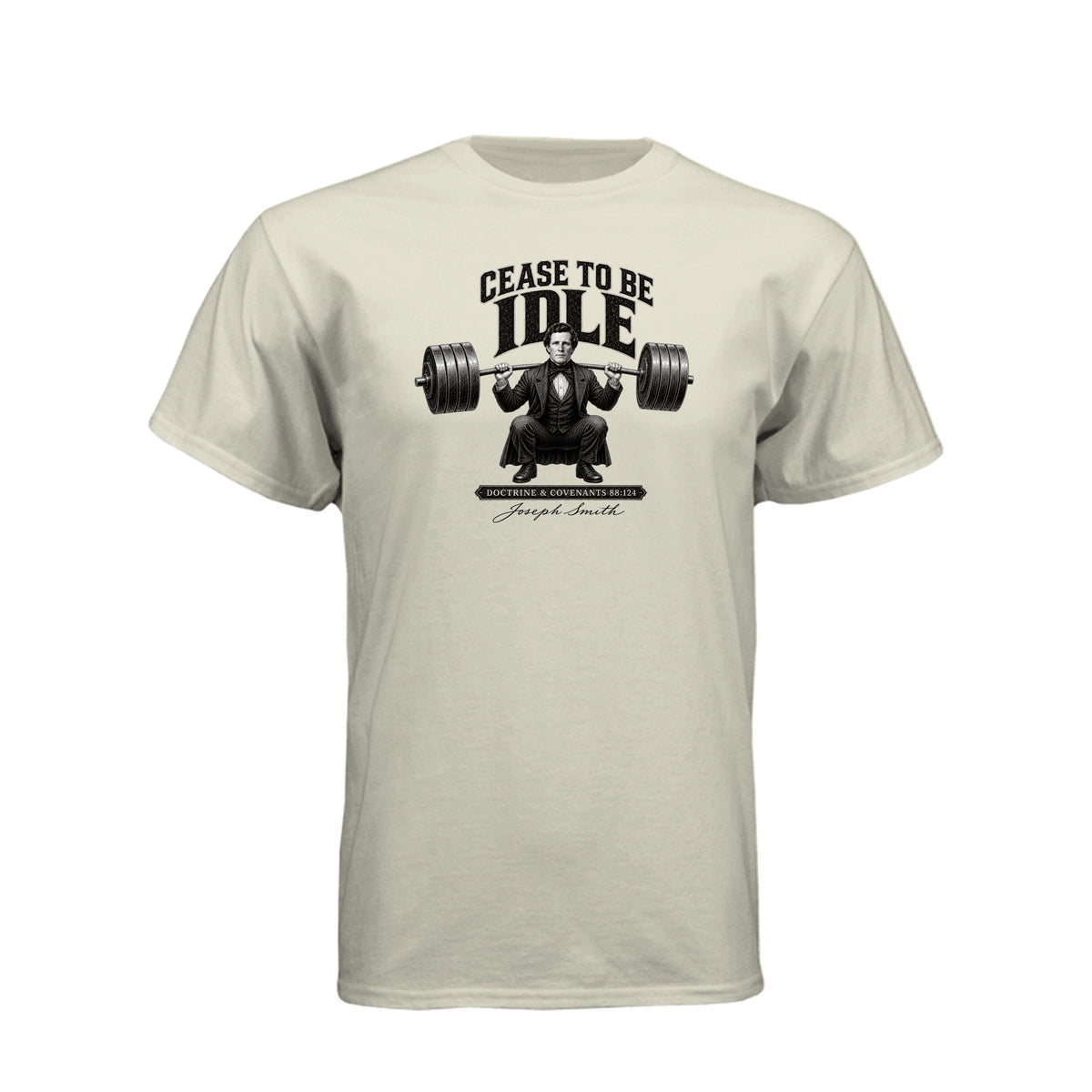 Joseph Smith Cease To Be Idle LDS t-shirt featuring prophet and Doctrine and Covenants teaching - product view 4