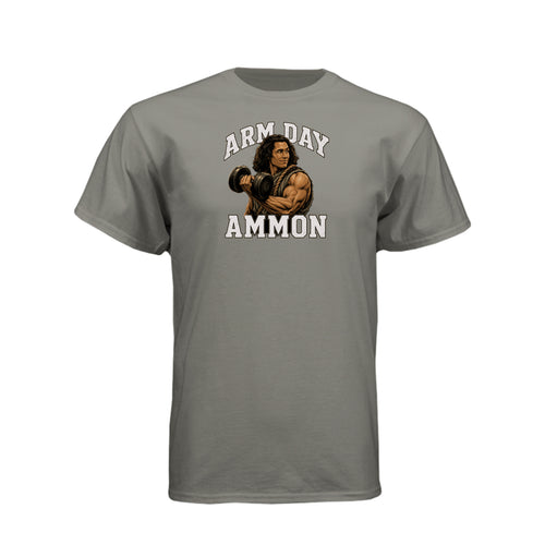 Ammon Arm Day LDS fitness t-shirt featuring Book of Mormon hero Ammon with dumbbell design - product view 2