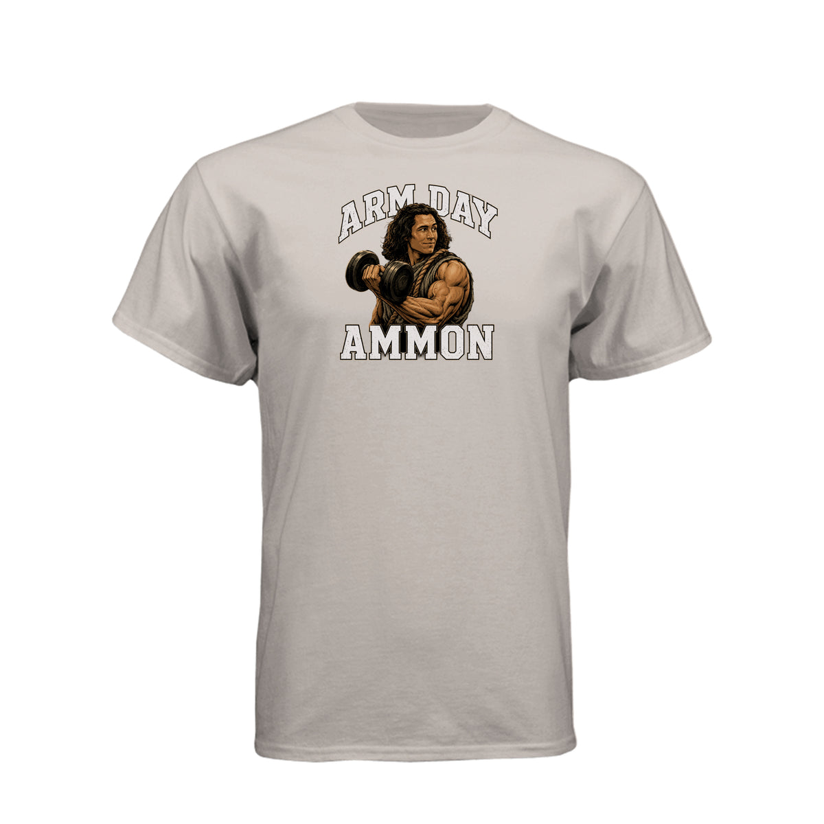 Ammon Arm Day LDS fitness t-shirt featuring Book of Mormon hero Ammon with dumbbell design - product view 3