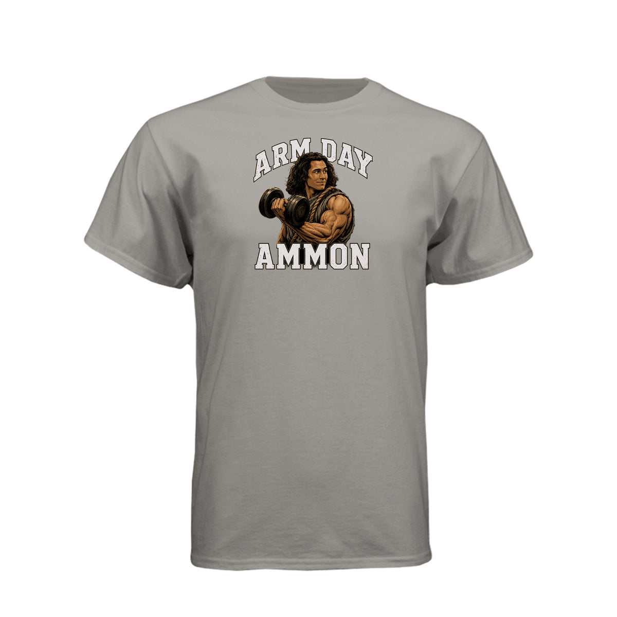 Ammon Arm Day LDS fitness t-shirt featuring Book of Mormon hero Ammon with dumbbell design - product view 4