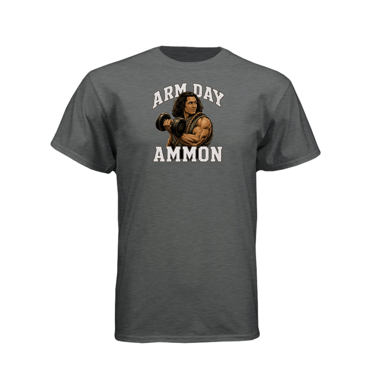 Ammon Arm Day LDS fitness t-shirt featuring Book of Mormon hero Ammon with dumbbell design - product view 9