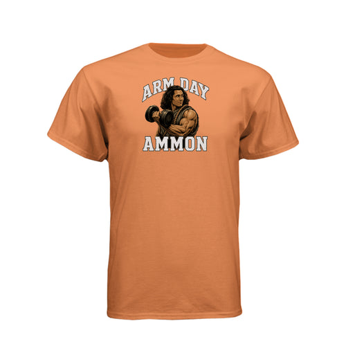 Ammon Arm Day LDS fitness t-shirt featuring Book of Mormon hero Ammon with dumbbell design
