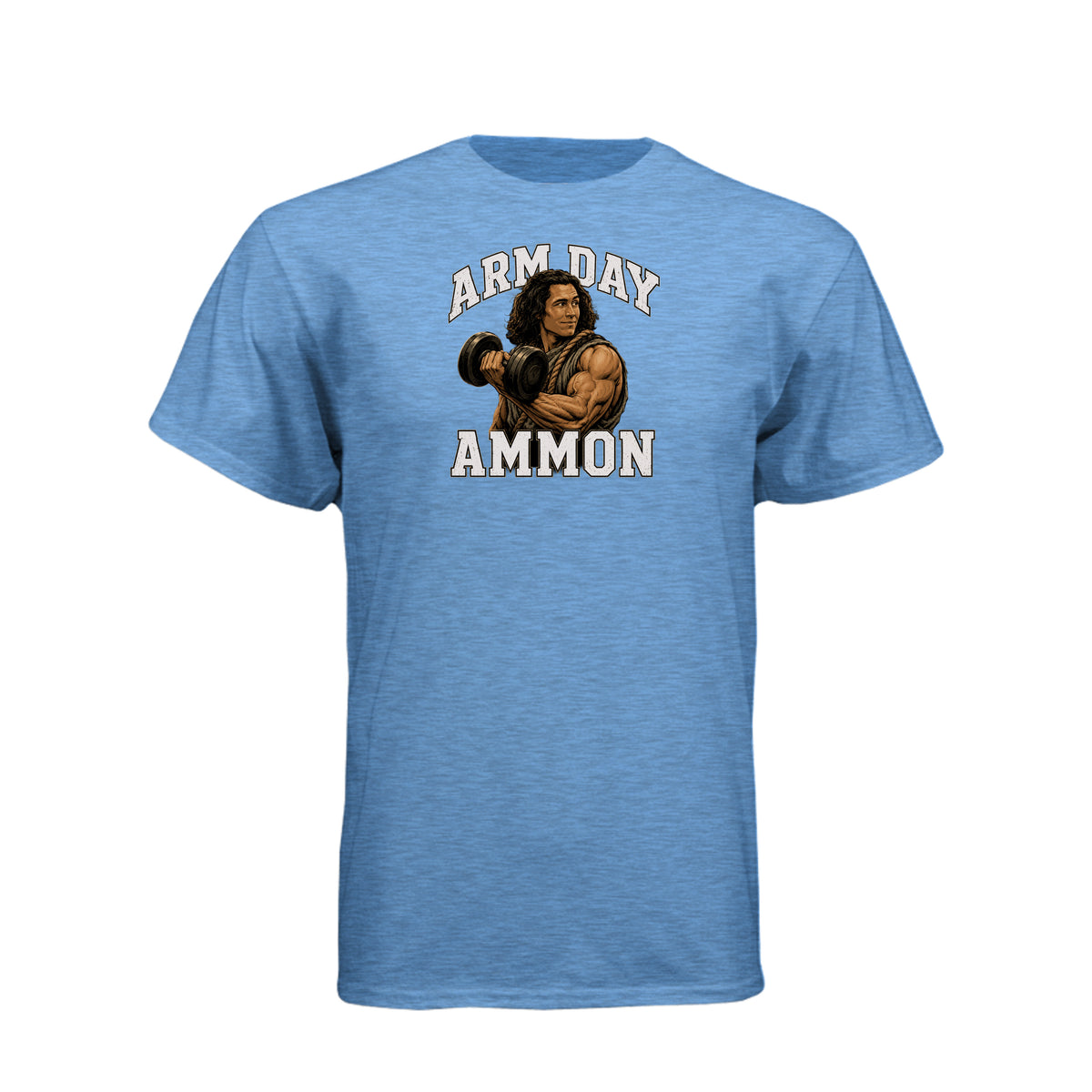 Ammon Arm Day LDS fitness t-shirt featuring Book of Mormon hero Ammon with dumbbell design - product view 14
