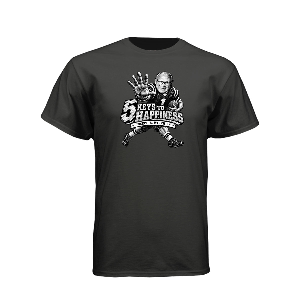 Elder Joseph B. Wirthlin 5 Keys To Happiness LDS t-shirt featuring apostle and happiness teachings - product view 2