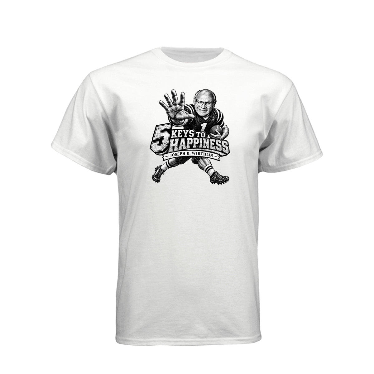 Elder Joseph B. Wirthlin 5 Keys To Happiness LDS t-shirt featuring apostle and happiness teachings - product view 17