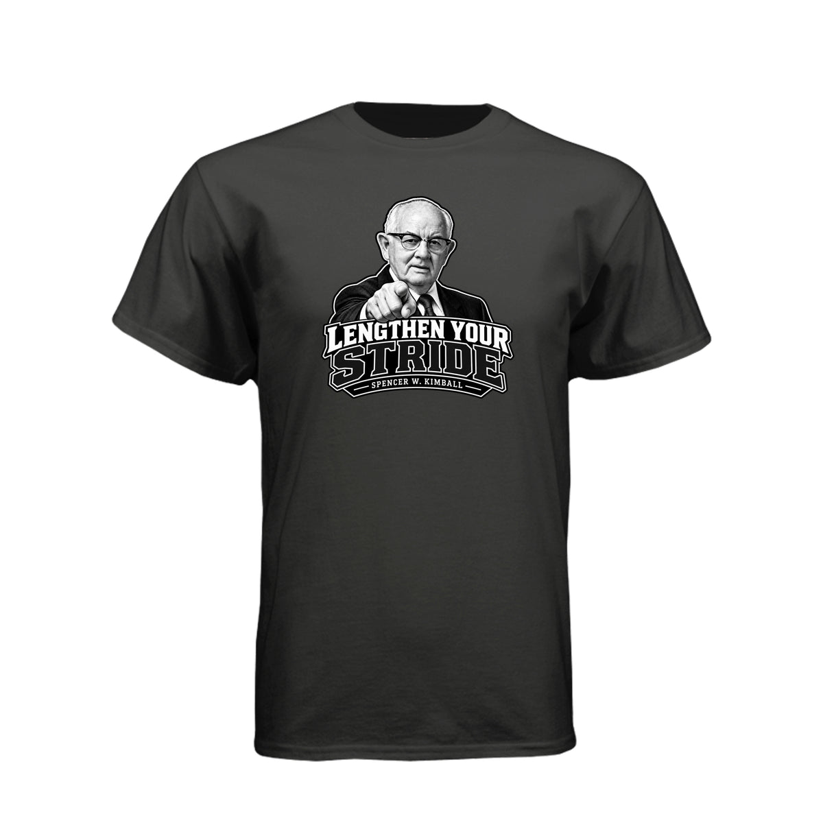 President Spencer W. Kimball Lengthen Your Stride LDS t-shirt featuring prophet and diligence message - product view 2
