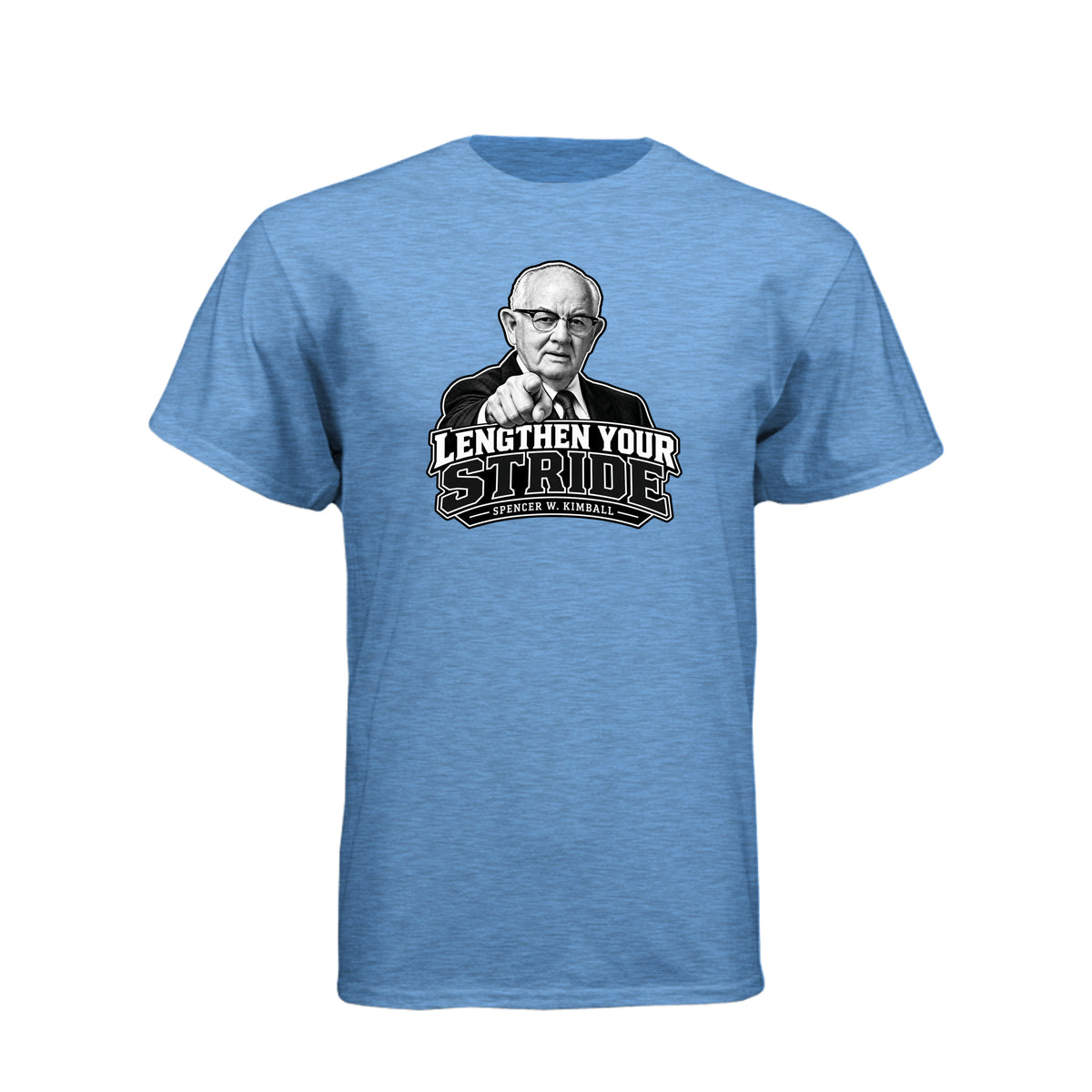 President Spencer W. Kimball Lengthen Your Stride LDS t-shirt featuring prophet and diligence message - product view 3