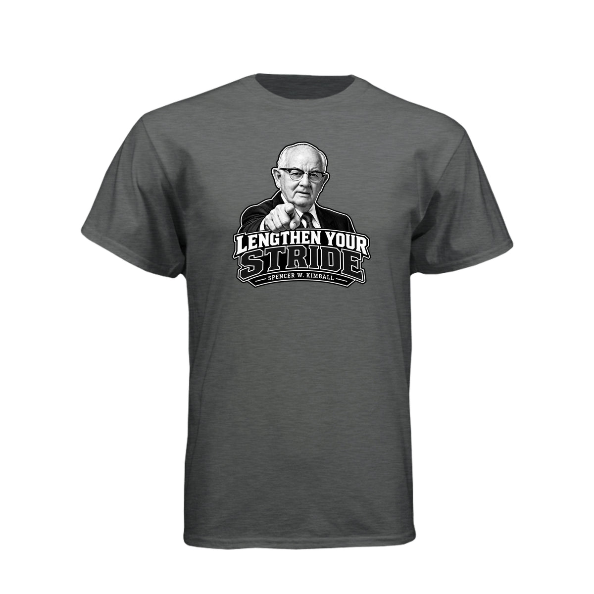 President Spencer W. Kimball Lengthen Your Stride LDS t-shirt featuring prophet and diligence message - product view 5