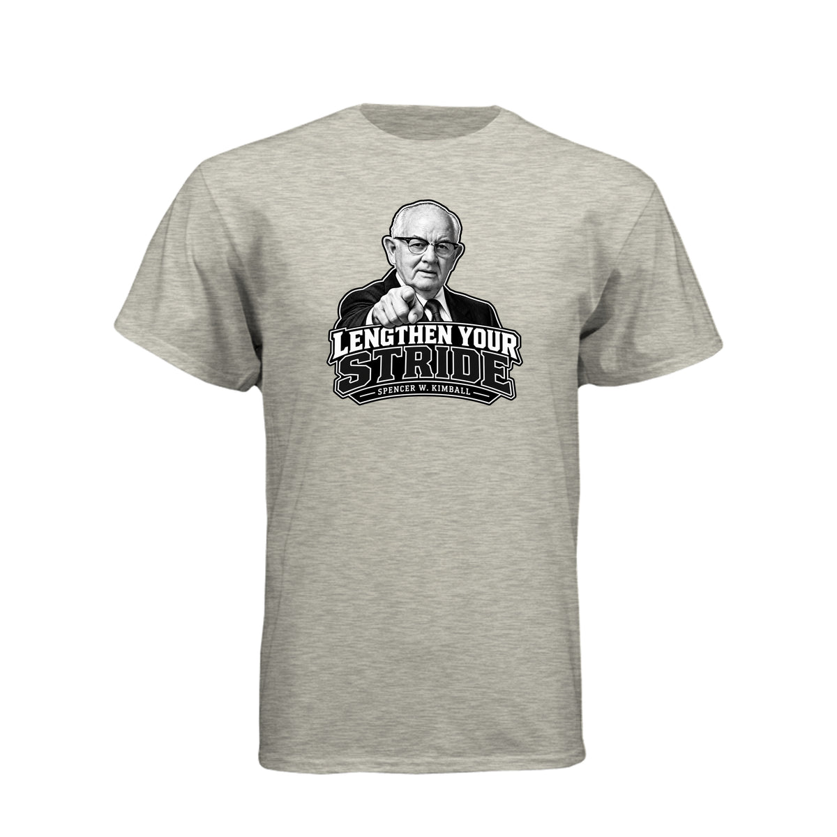 President Spencer W. Kimball Lengthen Your Stride LDS t-shirt featuring prophet and diligence message