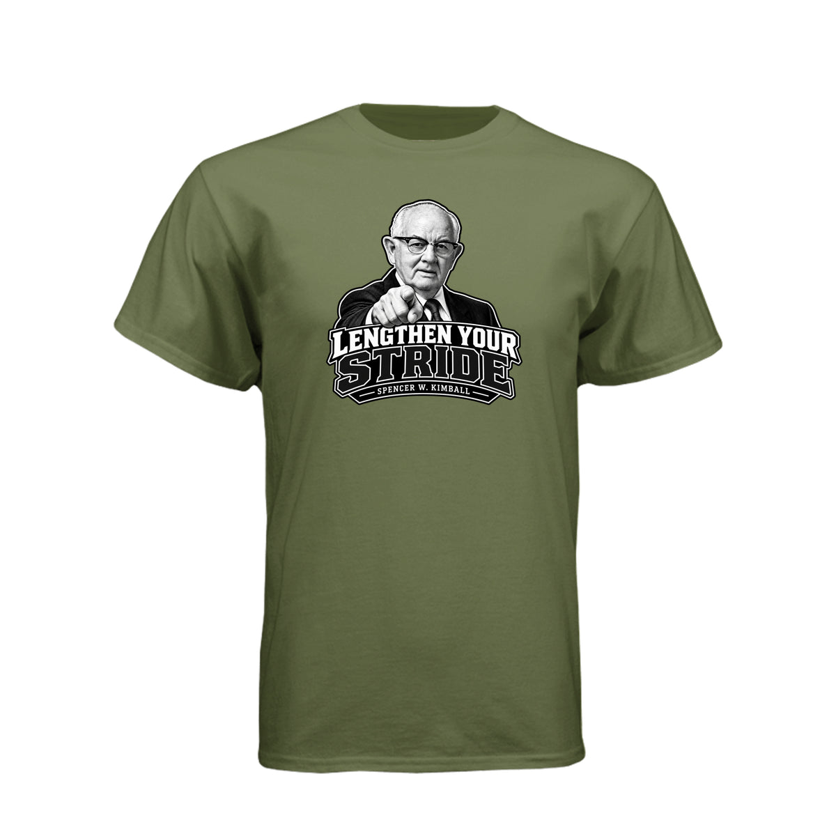 President Spencer W. Kimball Lengthen Your Stride LDS t-shirt featuring prophet and diligence message - product view 9