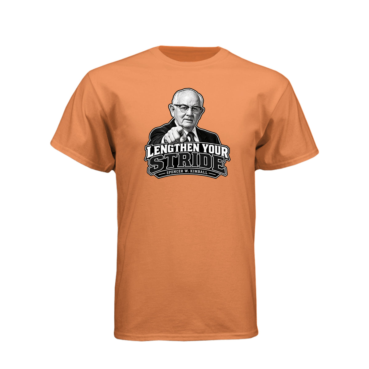 President Spencer W. Kimball Lengthen Your Stride LDS t-shirt featuring prophet and diligence message - product view 10