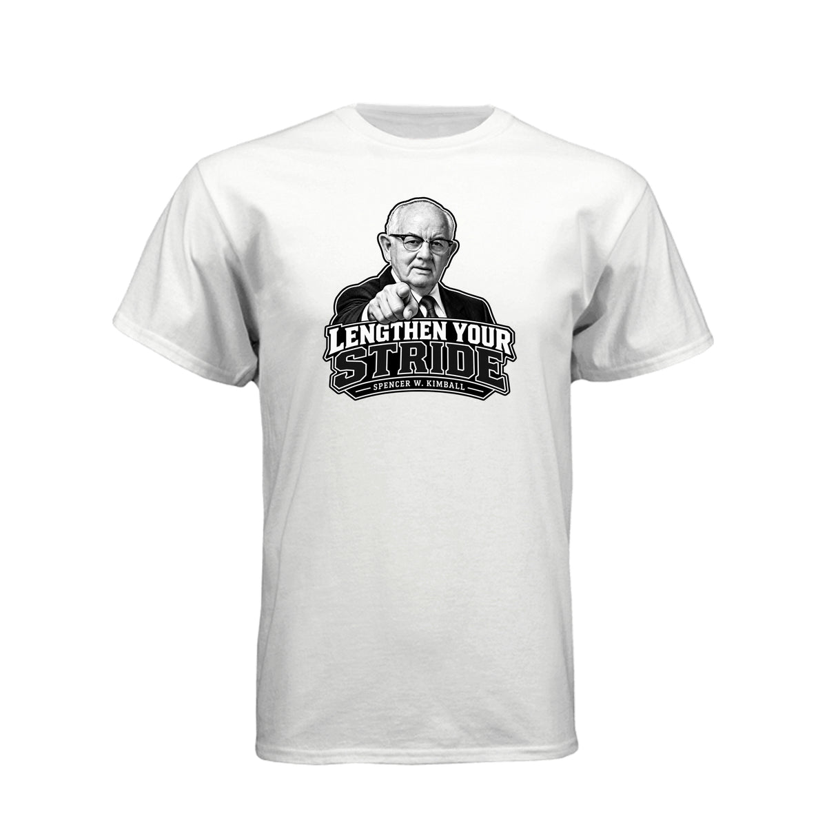 President Spencer W. Kimball Lengthen Your Stride LDS t-shirt featuring prophet and diligence message - product view 15