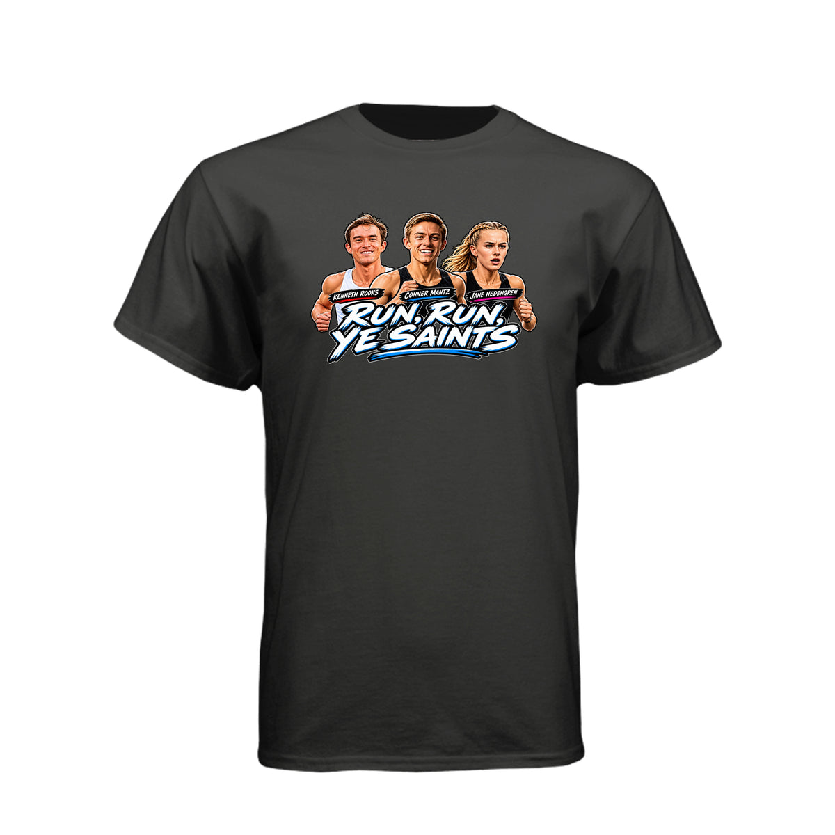 Run Run Ye Saints LDS t-shirt featuring hymn-inspired message and fitness motivation for Latter-day Saints - product view 2