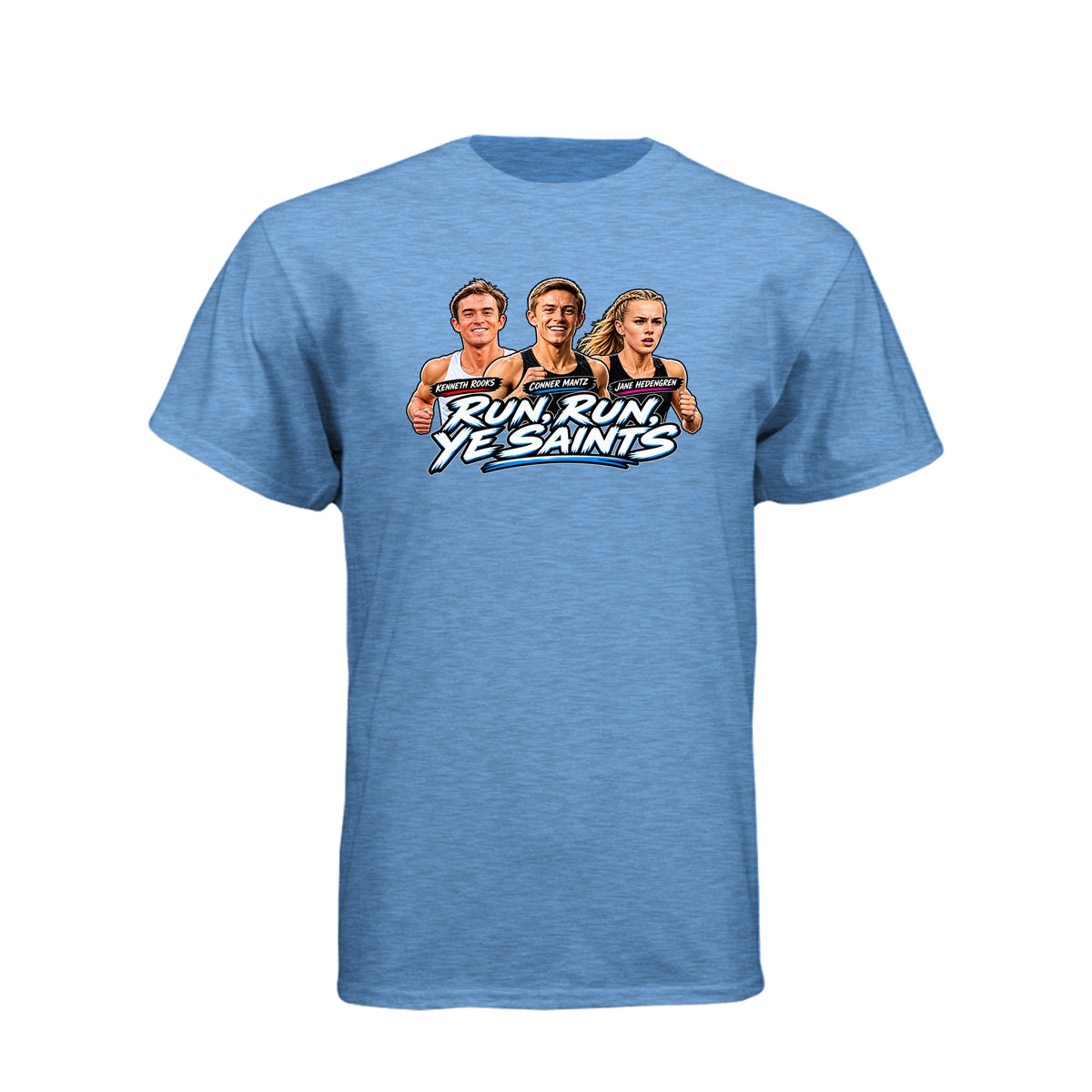 Run Run Ye Saints LDS t-shirt featuring hymn-inspired message and fitness motivation for Latter-day Saints