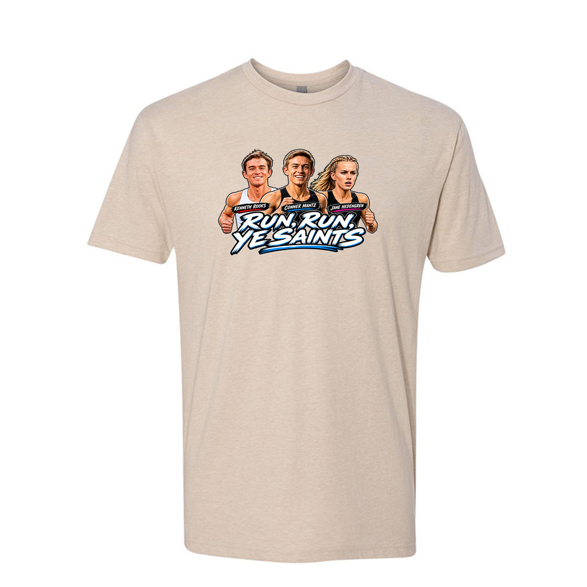 Run Run Ye Saints LDS t-shirt featuring hymn-inspired message and fitness motivation for Latter-day Saints - product view 3