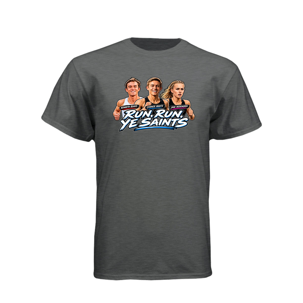 Run Run Ye Saints LDS t-shirt featuring hymn-inspired message and fitness motivation for Latter-day Saints - product view 4