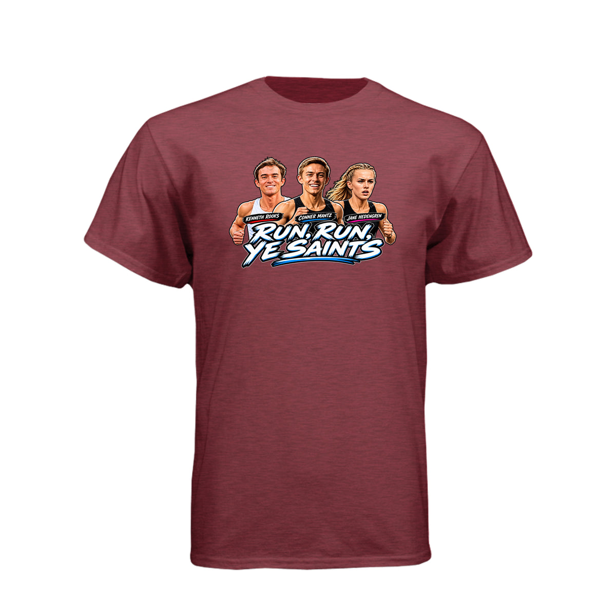 Run Run Ye Saints LDS t-shirt featuring hymn-inspired message and fitness motivation for Latter-day Saints - product view 5