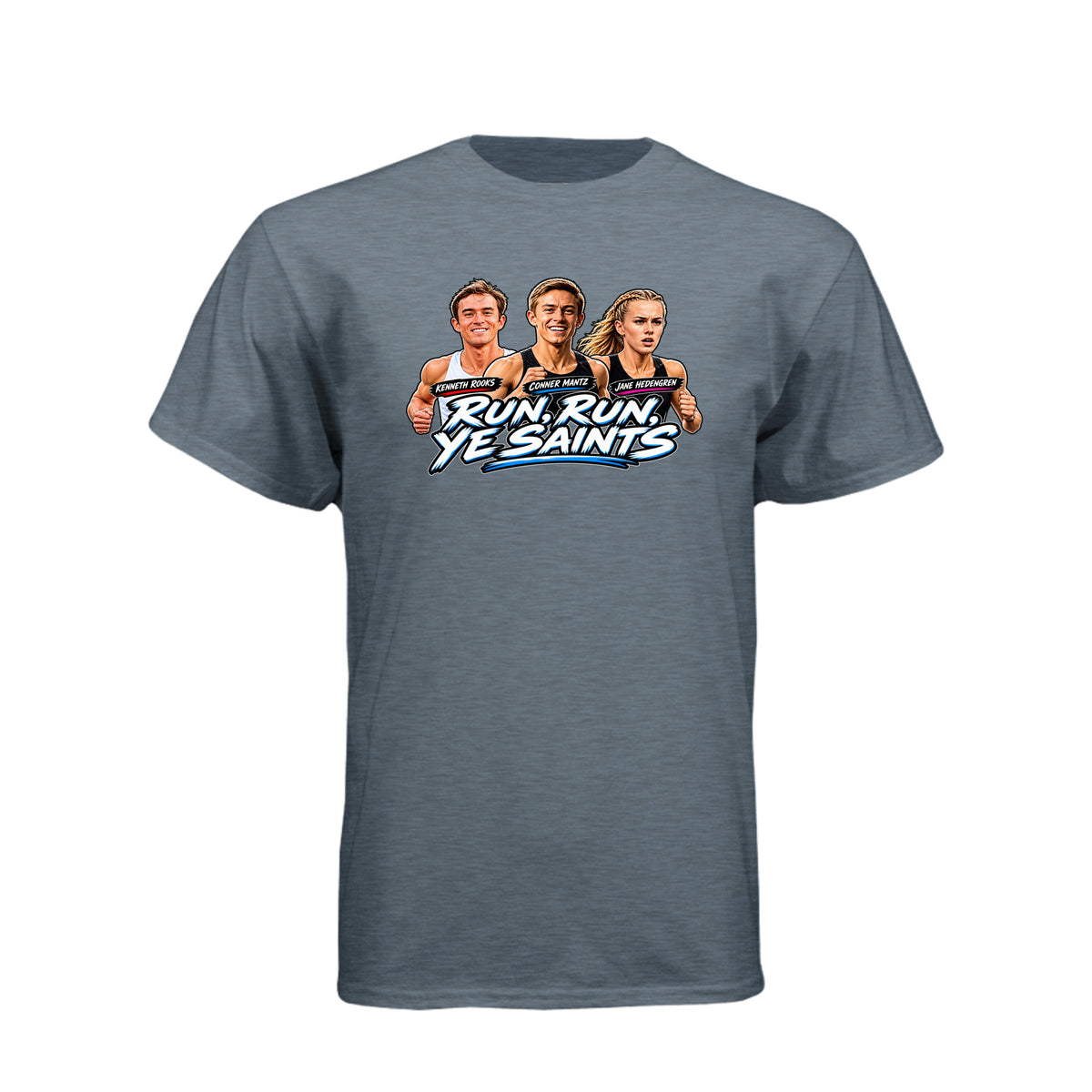 Run Run Ye Saints LDS t-shirt featuring hymn-inspired message and fitness motivation for Latter-day Saints - product view 6