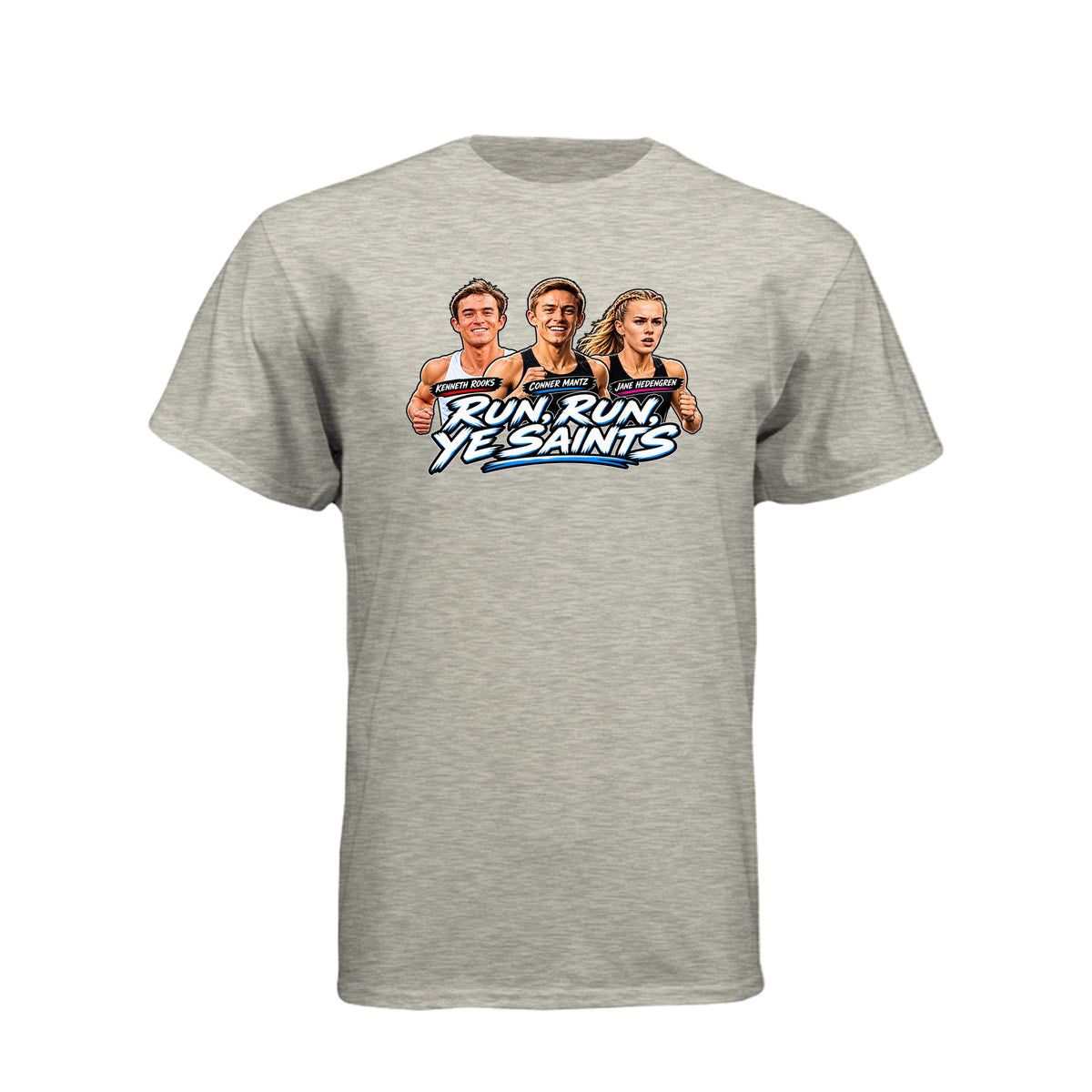 Run Run Ye Saints LDS t-shirt featuring hymn-inspired message and fitness motivation for Latter-day Saints - product view 7