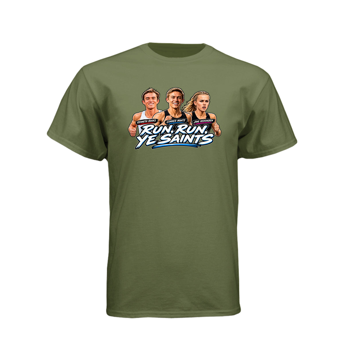 Run Run Ye Saints LDS t-shirt featuring hymn-inspired message and fitness motivation for Latter-day Saints - product view 9