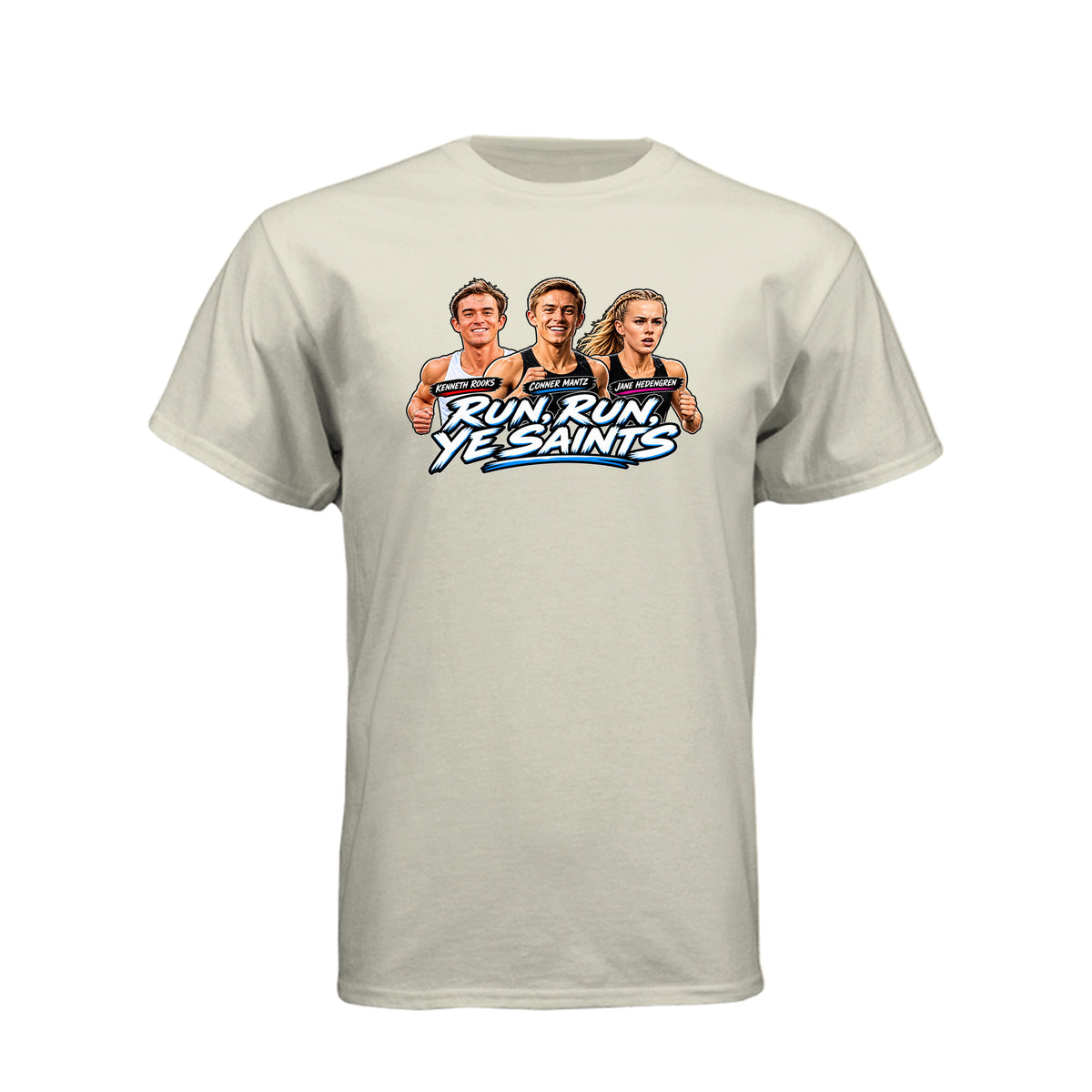 Run Run Ye Saints LDS t-shirt featuring hymn-inspired message and fitness motivation for Latter-day Saints - product view 12