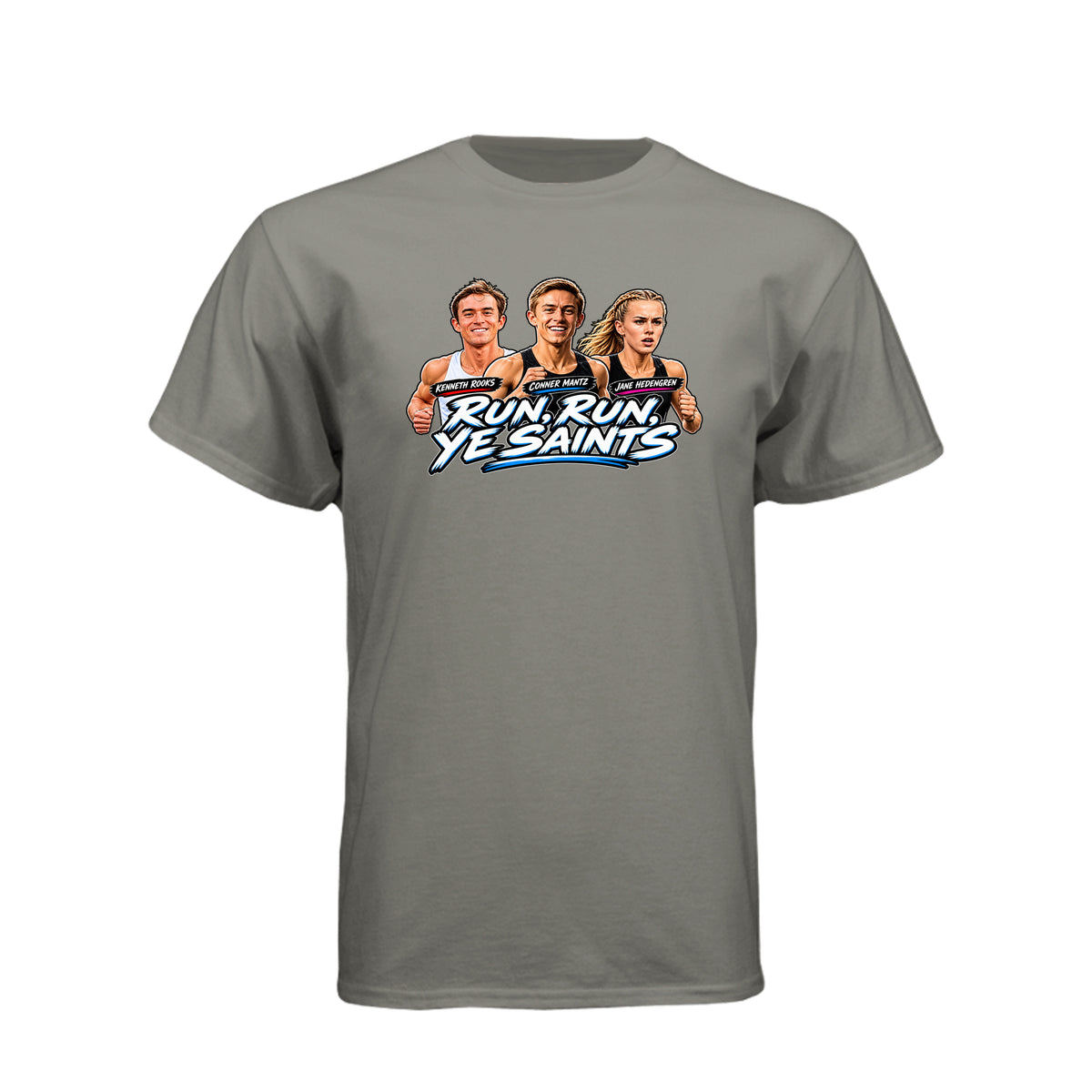 Run Run Ye Saints LDS t-shirt featuring hymn-inspired message and fitness motivation for Latter-day Saints - product view 14