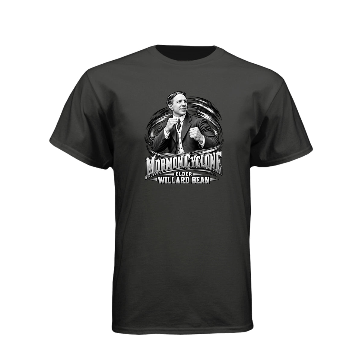 Willard Bean Mormon Cyclone LDS t-shirt featuring Church history figure and strength theme - product view 4