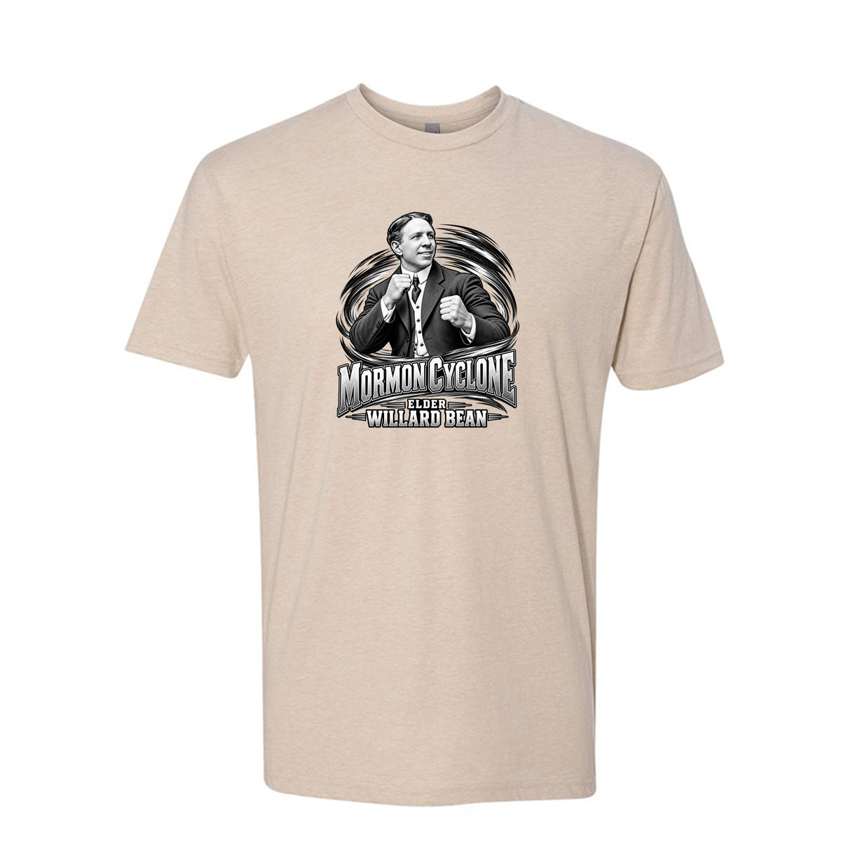 Willard Bean Mormon Cyclone LDS t-shirt featuring Church history figure and strength theme - product view 6