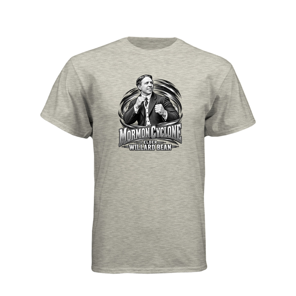 Willard Bean Mormon Cyclone LDS t-shirt featuring Church history figure and strength theme - product view 9