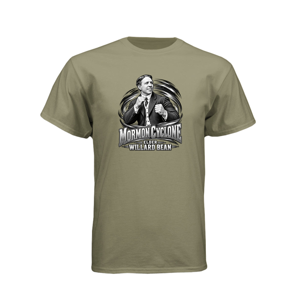 Willard Bean Mormon Cyclone LDS t-shirt featuring Church history figure and strength theme
