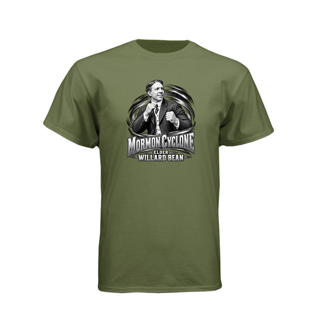 Willard Bean Mormon Cyclone LDS t-shirt featuring Church history figure and strength theme - product view 10
