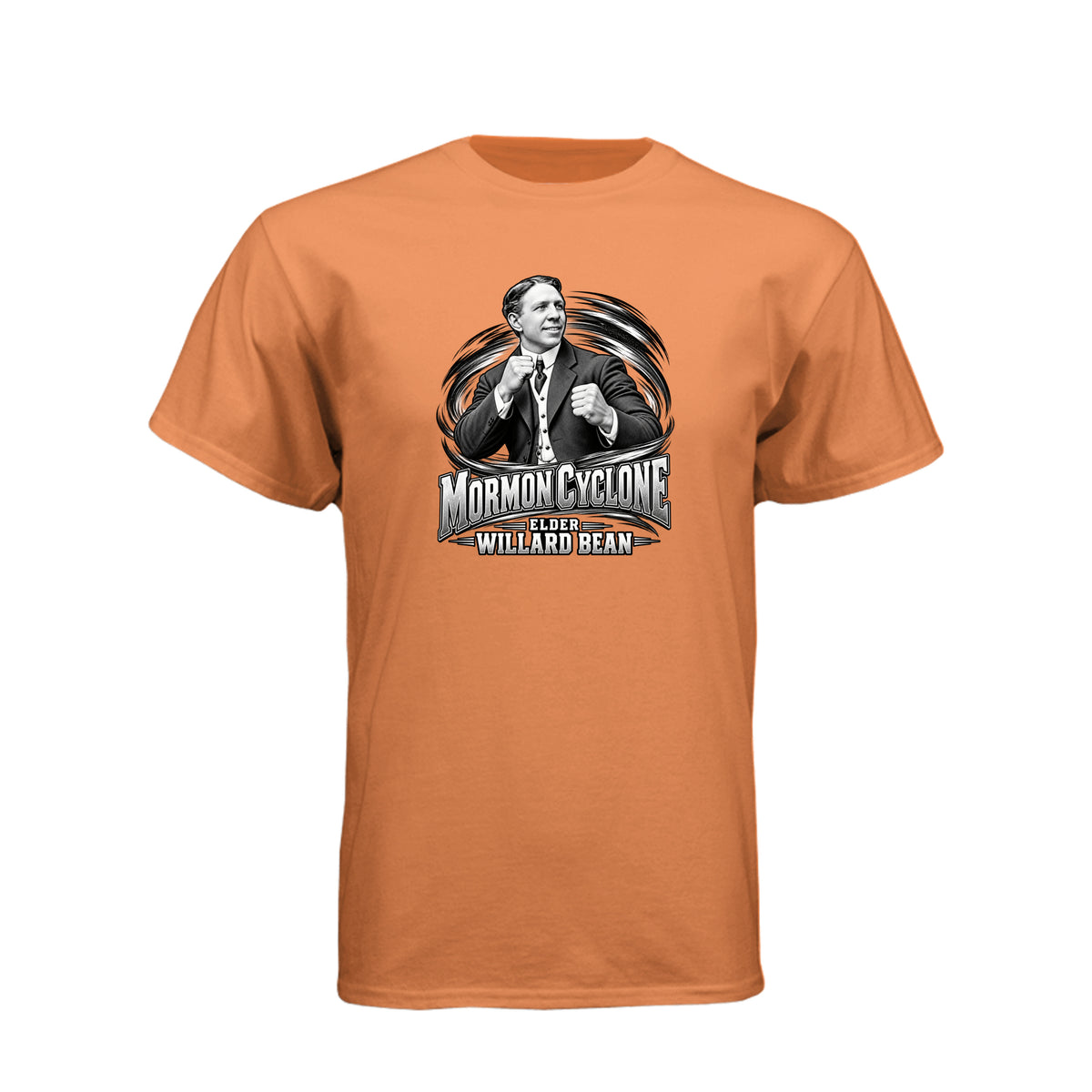 Willard Bean Mormon Cyclone LDS t-shirt featuring Church history figure and strength theme - product view 3
