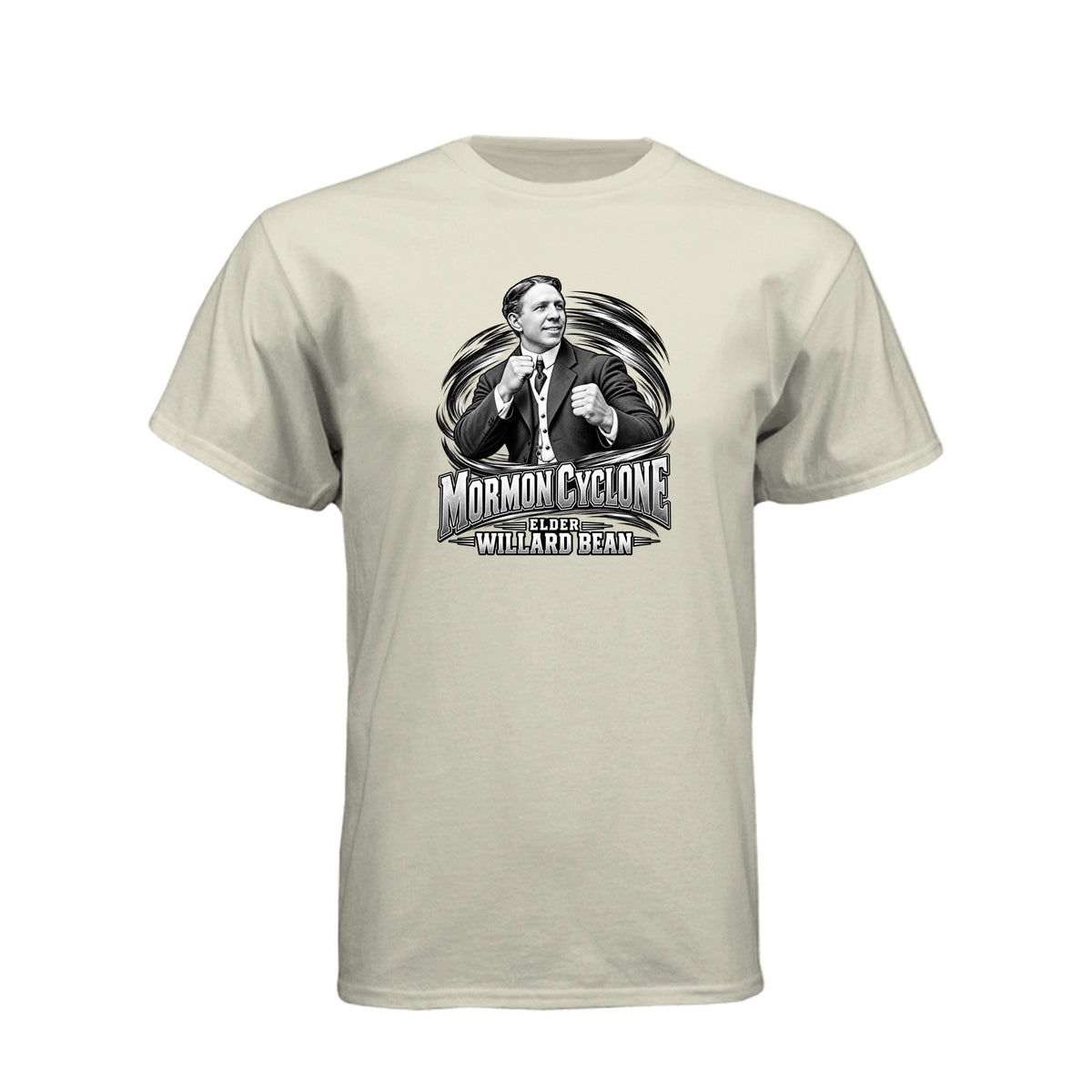 Willard Bean Mormon Cyclone LDS t-shirt featuring Church history figure and strength theme - product view 12