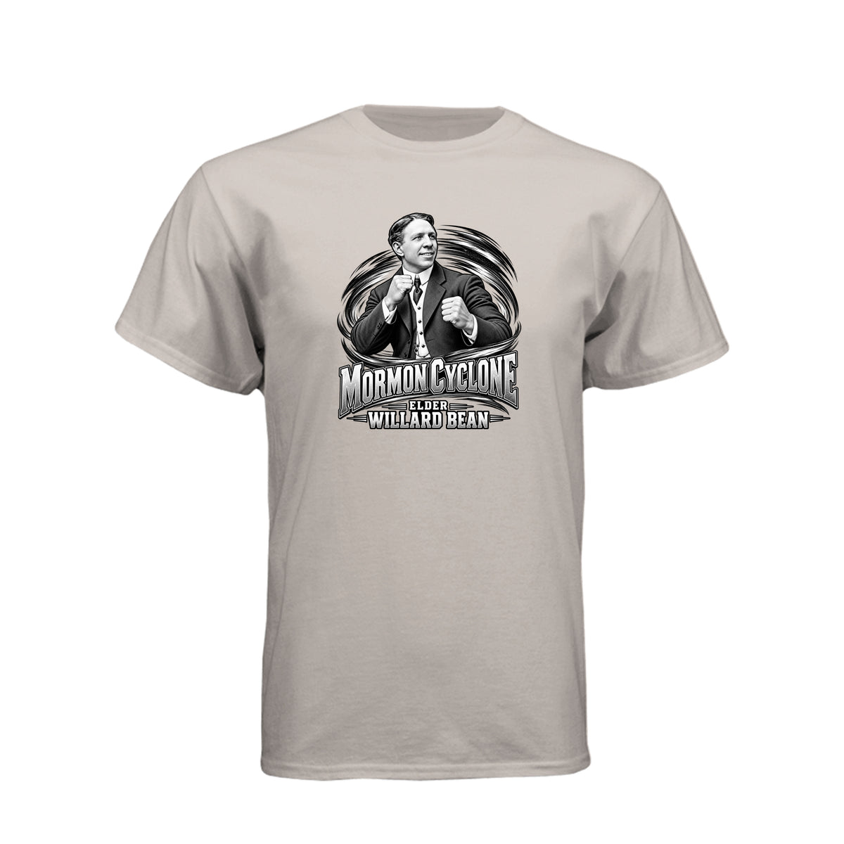 Willard Bean Mormon Cyclone LDS t-shirt featuring Church history figure and strength theme - product view 13