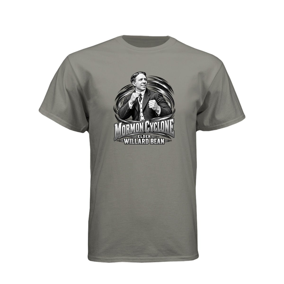 Willard Bean Mormon Cyclone LDS t-shirt featuring Church history figure and strength theme - product view 14