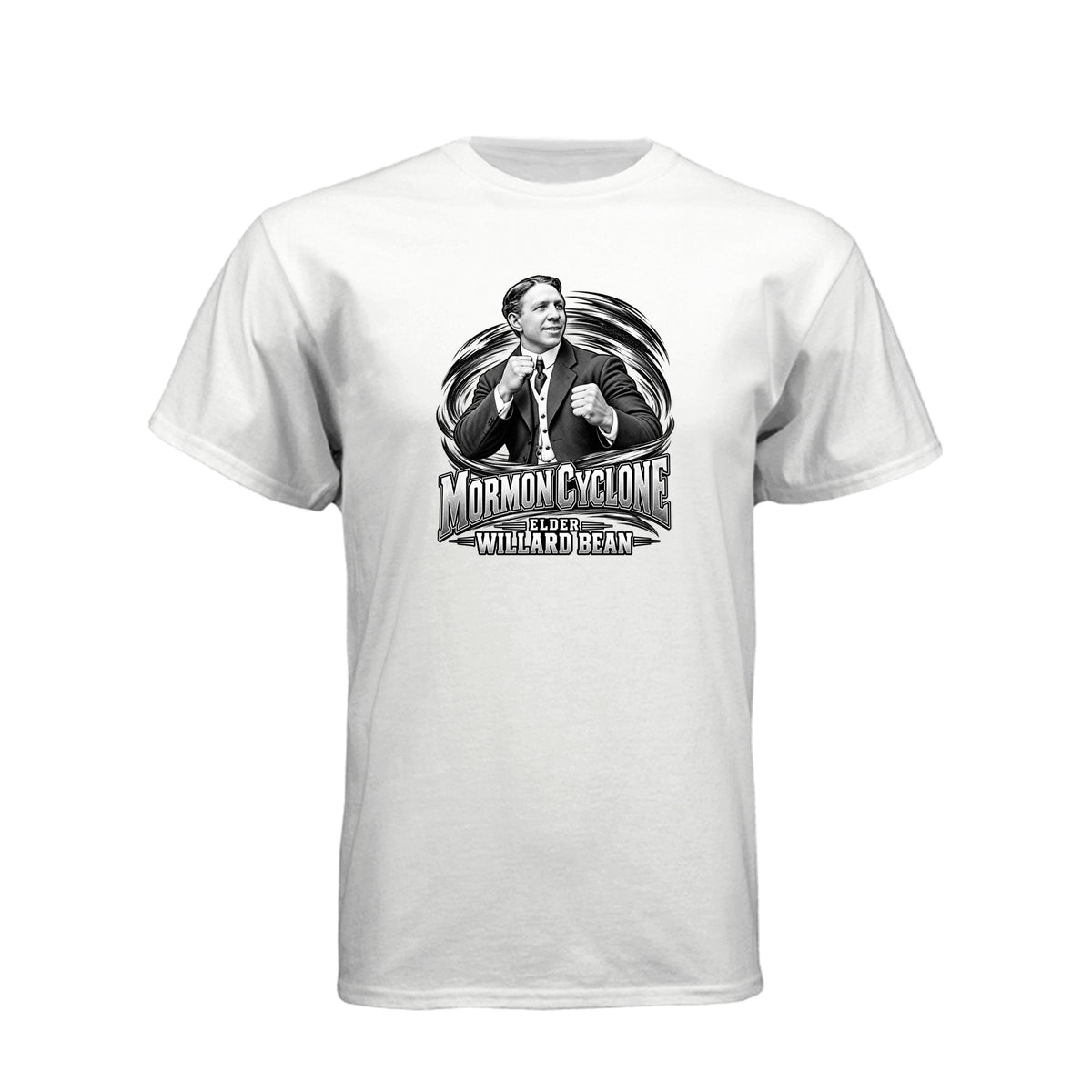 Willard Bean Mormon Cyclone LDS t-shirt featuring Church history figure and strength theme - product view 15