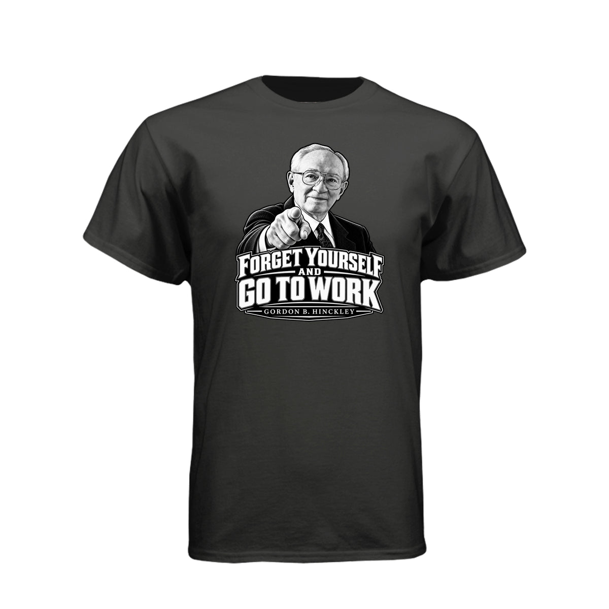President Gordon B. Hinckley Forget Yourself LDS t-shirt featuring beloved prophet and selfless service message - product view 2