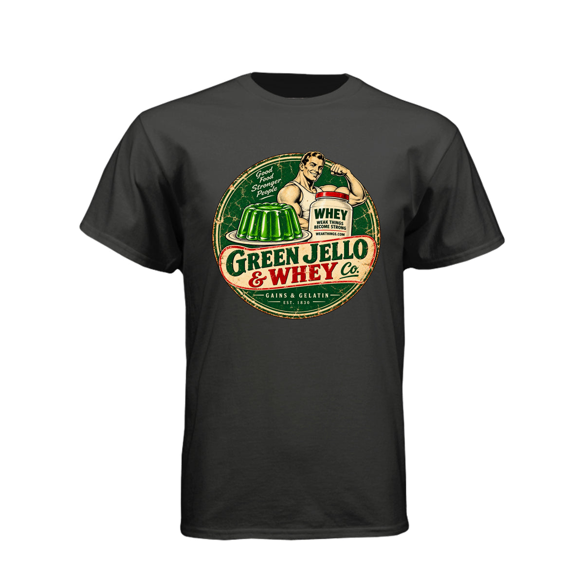 Green Jello and Whey Co LDS humor t-shirt combining Utah culture with fitness and faith - product view 2