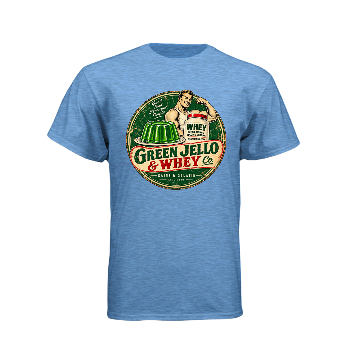 Green Jello and Whey Co LDS humor t-shirt combining Utah culture with fitness and faith - product view 3