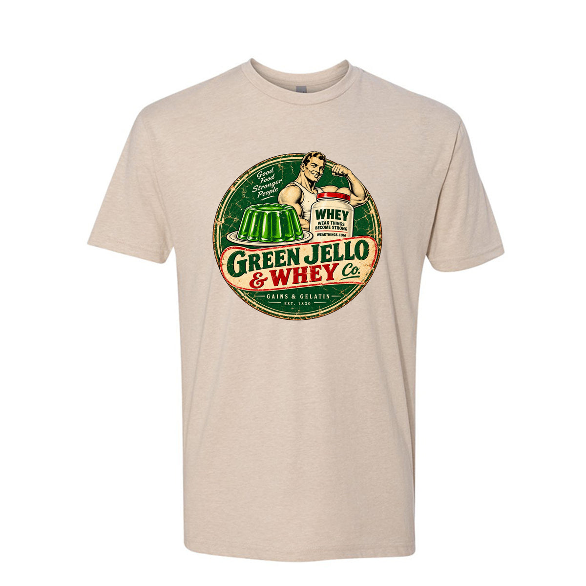 Green Jello and Whey Co LDS humor t-shirt combining Utah culture with fitness and faith - product view 4