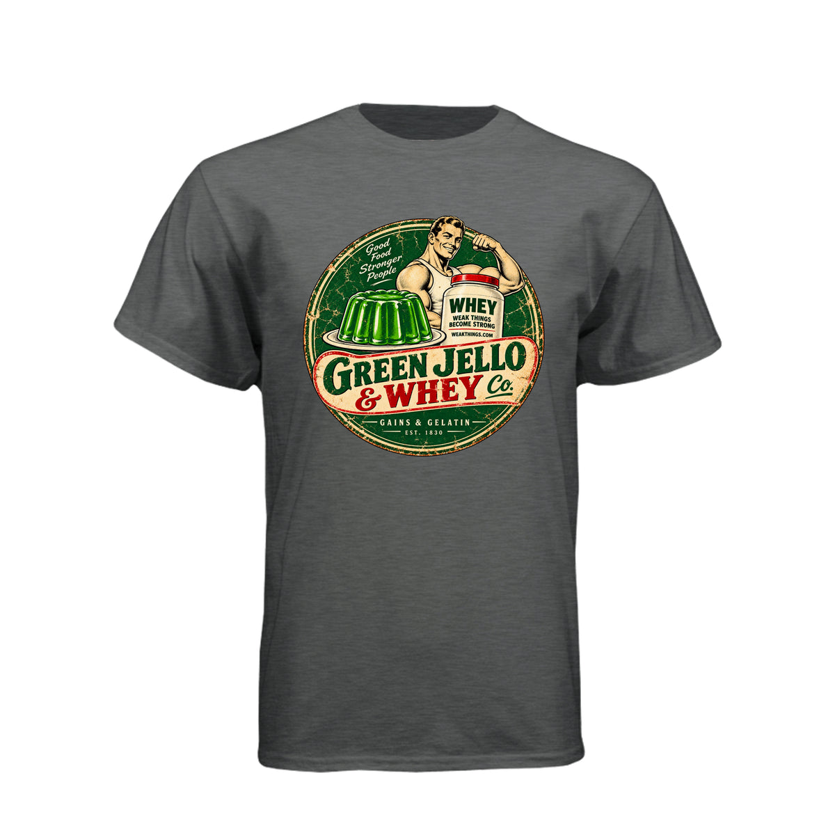 Green Jello and Whey Co LDS humor t-shirt combining Utah culture with fitness and faith - product view 5