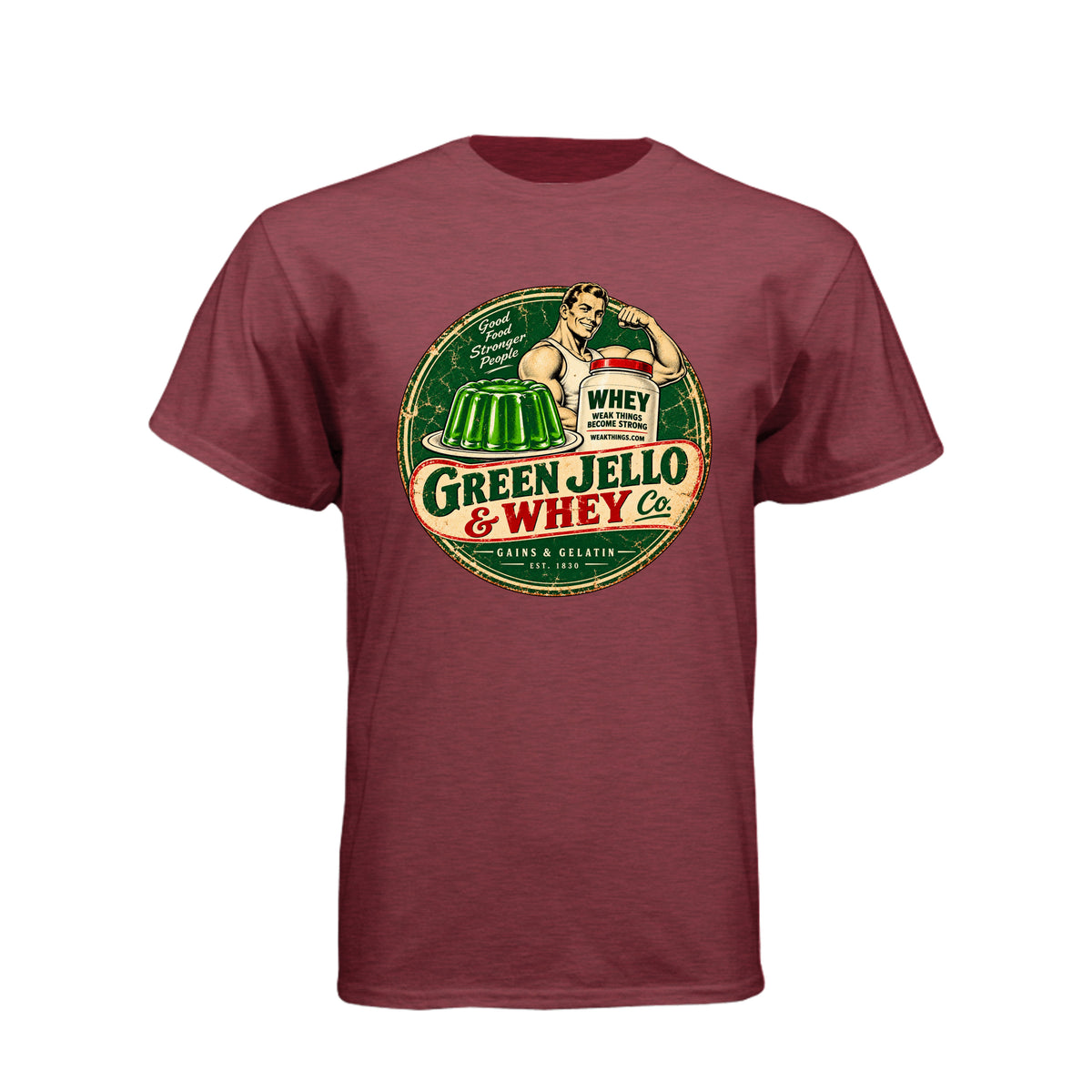 Green Jello and Whey Co LDS humor t-shirt combining Utah culture with fitness and faith - product view 6