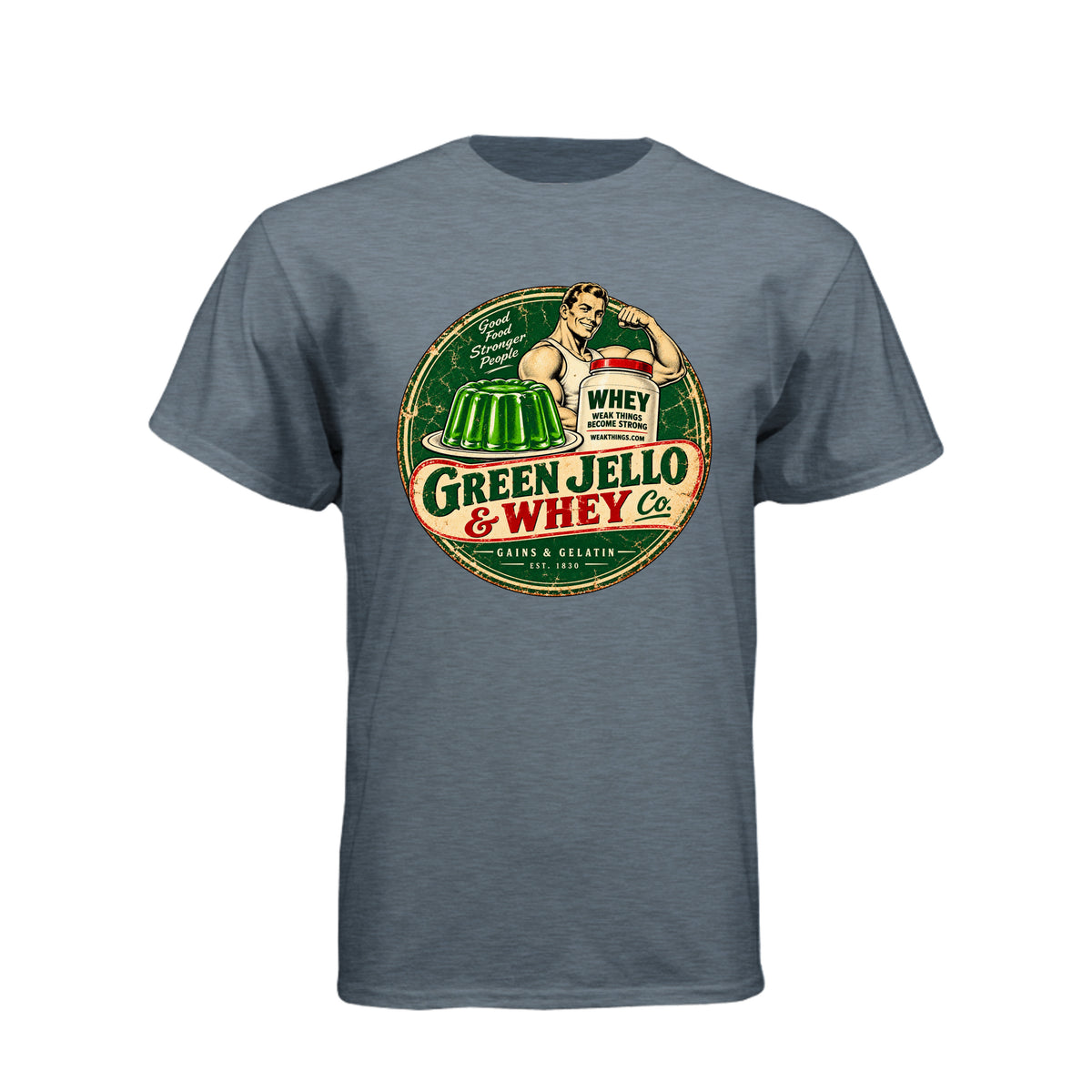 Green Jello and Whey Co LDS humor t-shirt combining Utah culture with fitness and faith - product view 7