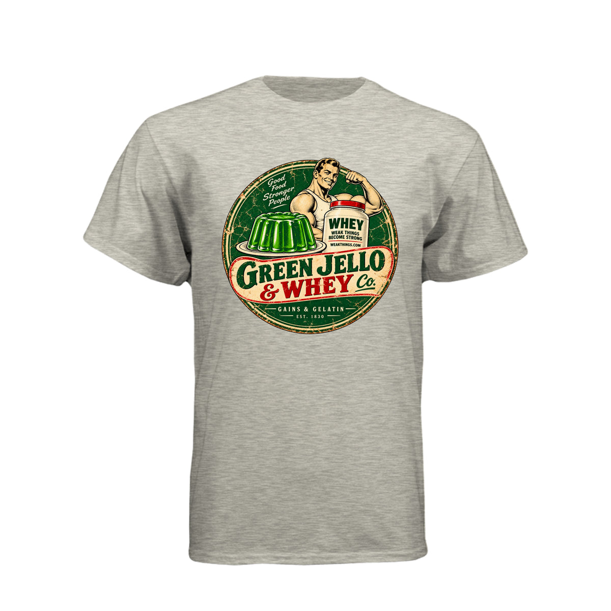 Green Jello and Whey Co LDS humor t-shirt combining Utah culture with fitness and faith - product view 8