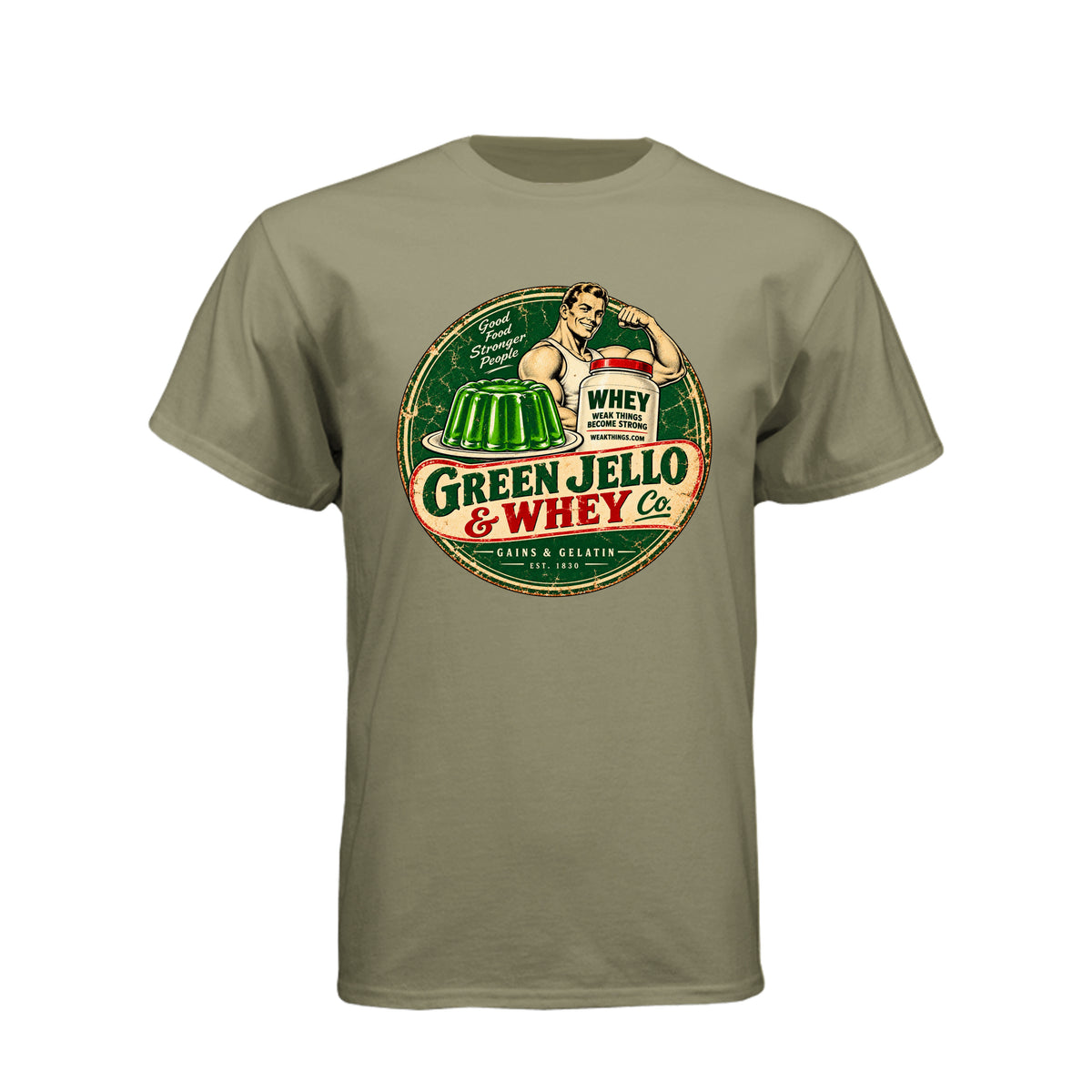 Green Jello and Whey Co LDS humor t-shirt combining Utah culture with fitness and faith